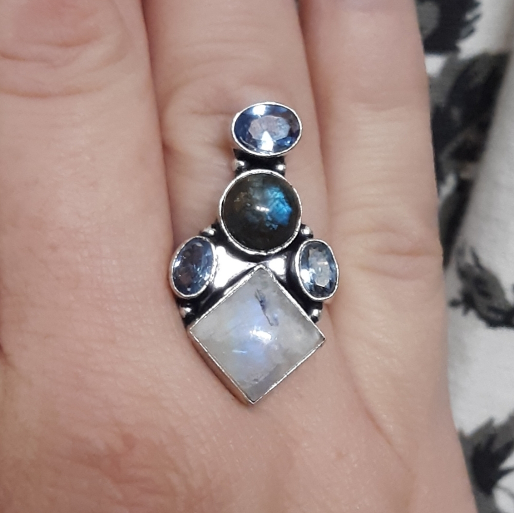 New Rainbow Moonstone, Labradorite 925 Silver Ring.